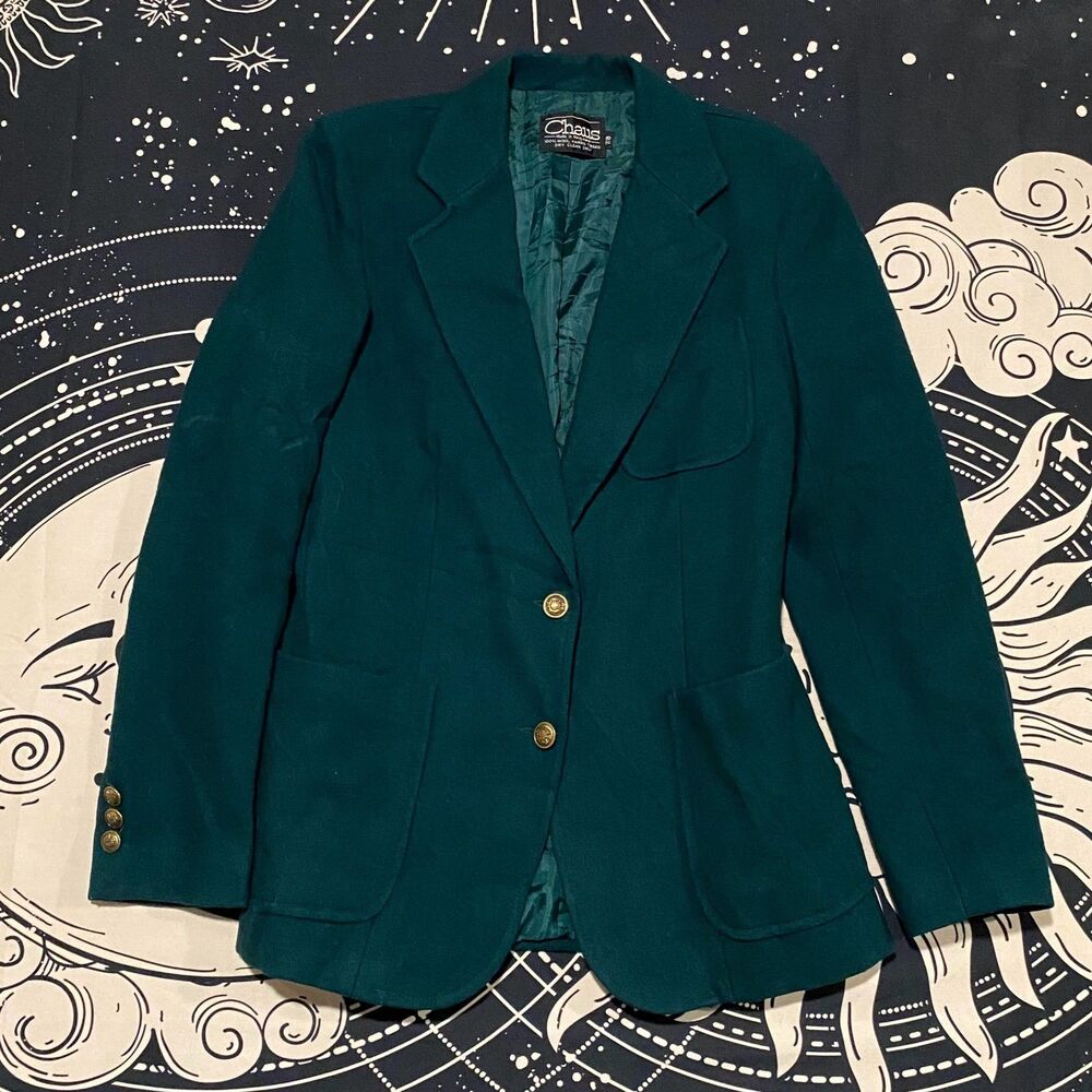 Chaus Blazer Coat Women's 8 Green Wool Tweed 2-Button Notch-Lapel Preppy Uniform